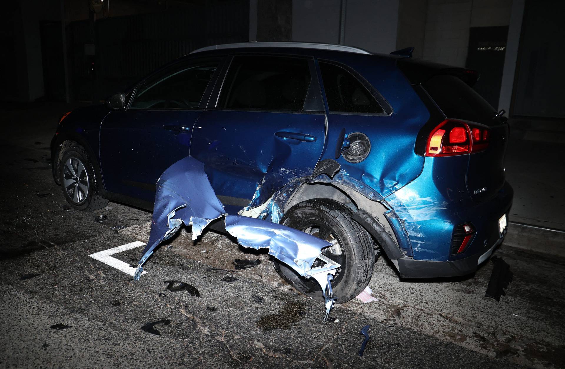 The Scene of Michael B Jordan reported car crash along with remains of his Ferrari which was towed away