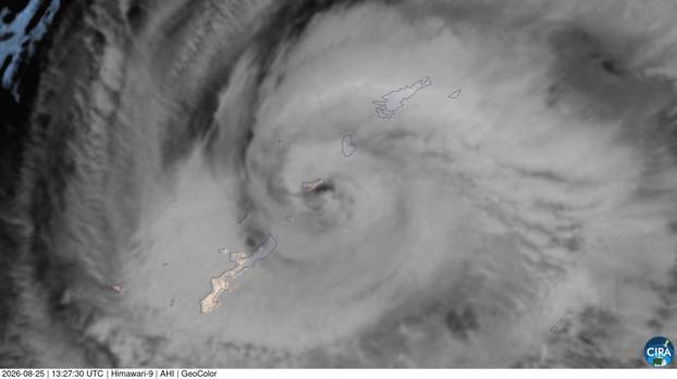 A satellite view shows Typhoon Saudel approaching the Ryukyu Islands