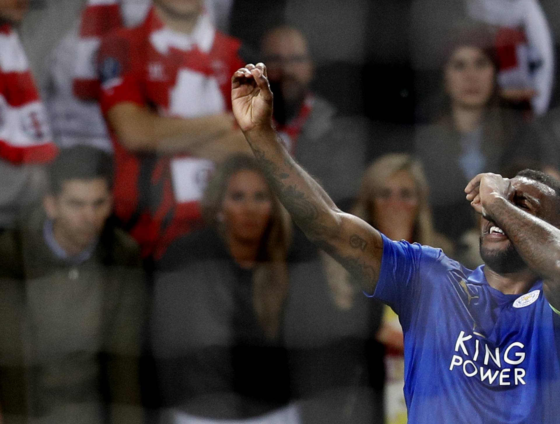 Leicester City's Wes Morgan celebrates scoring their first goal