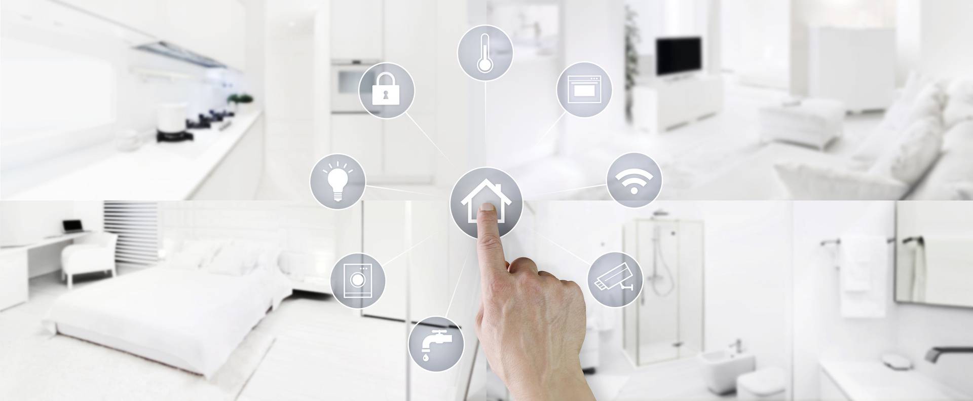 smart home control concept hand touch icons screen with interiors, living room, kitchen, bedroom and bathroom on blurred background, web banner and copy space template