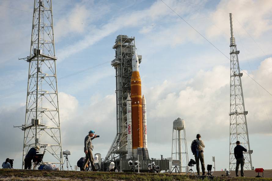 NASA's Artemis II mission, Space Launch System (SLS) rocket with the Orion crew capsule, at the Kennedy Space Center in Cape Canaveral