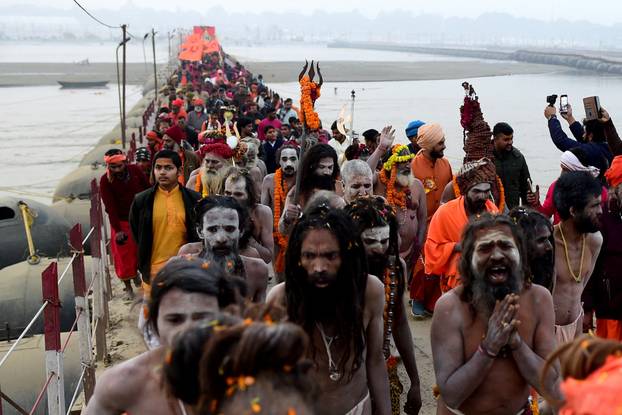The arrival of the members of an akhara or sect of sadhus for the upcoming "Maha Kumbh Mela" in Prayagraj