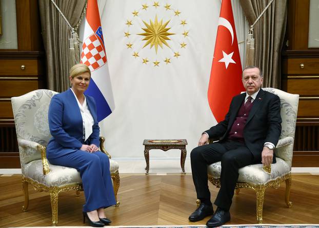 Turkish President Tayyip Erdogan meets with Croatian President Kolinda Grabar-Kitarovic at the Presidential Palace in Ankara