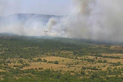 FOTO Buktinja u &Dstrok;evrskama: Gori trava, &ccaron;etiri kanadera  i 35 vatrogasaca bore se s po&zcaron;arom