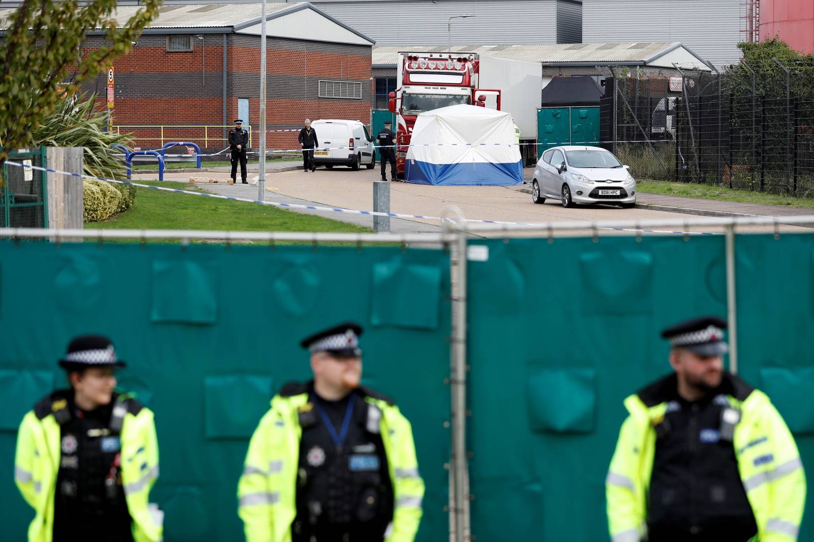 The scene where bodies were discovered in a lorry container, in Grays, Essex