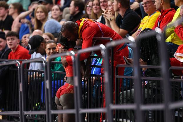 Fatima Diame (ESP, Long Jump) celebrates winning a bronze medal in the long jump with coach Ivan Pedroso during the 2024 World Athletics Championships at the Emirates Arena, Glasgow (Photo: Pat Isaacs | MI News)