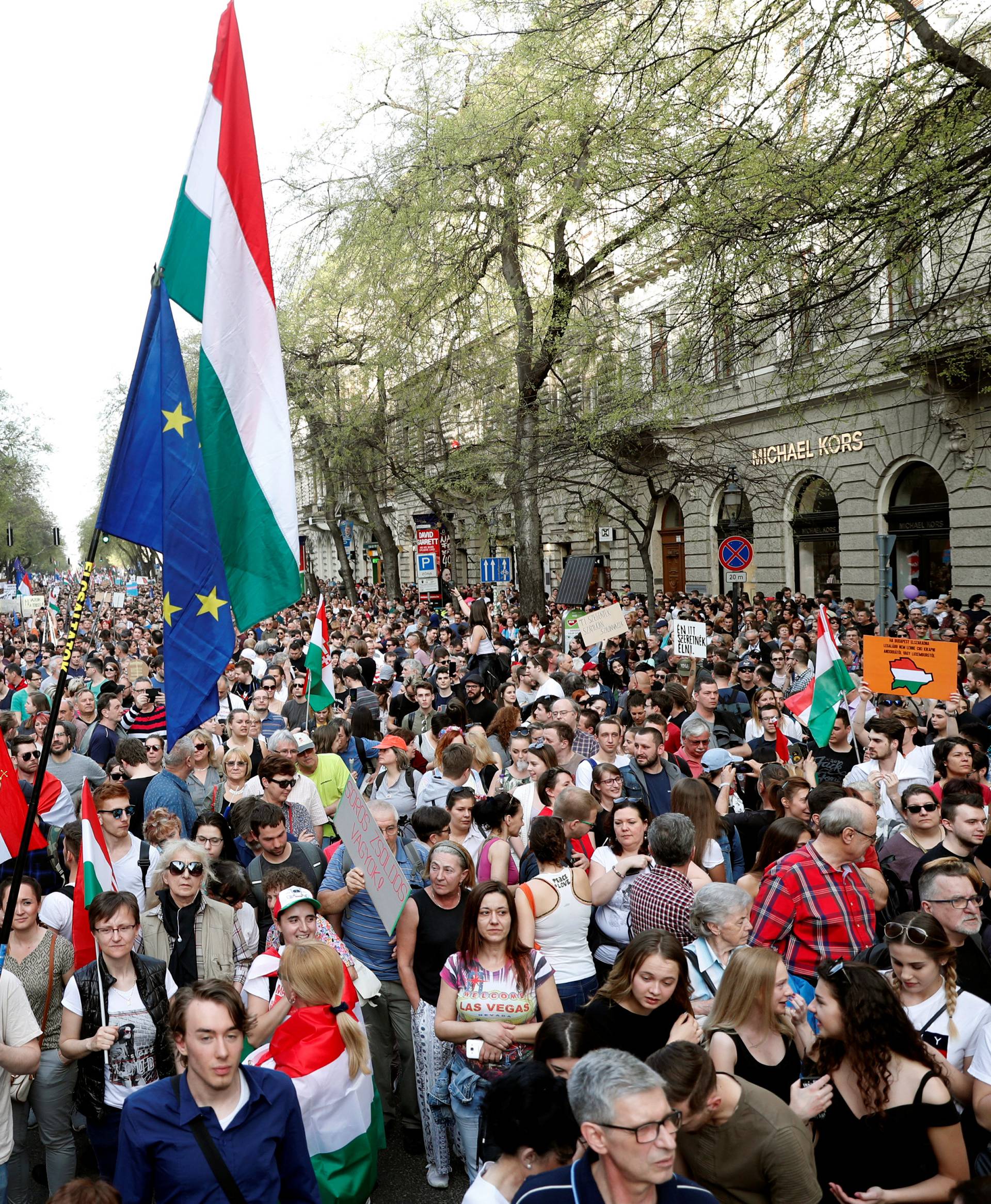 People attend a protest against the government of Prime Minister Viktor Orban in Budapest