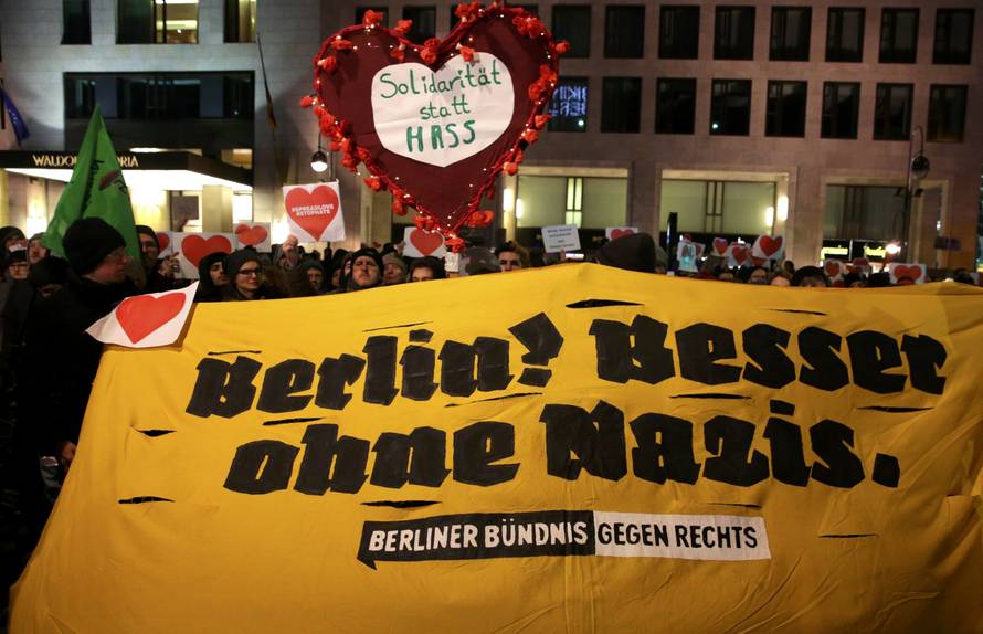 Demonstrators protest against a right wing demonstration at the Kaiser-Wilhelm-Gedaechtniskirche (Kaiser Wilhelm Memorial Church), in Berlin