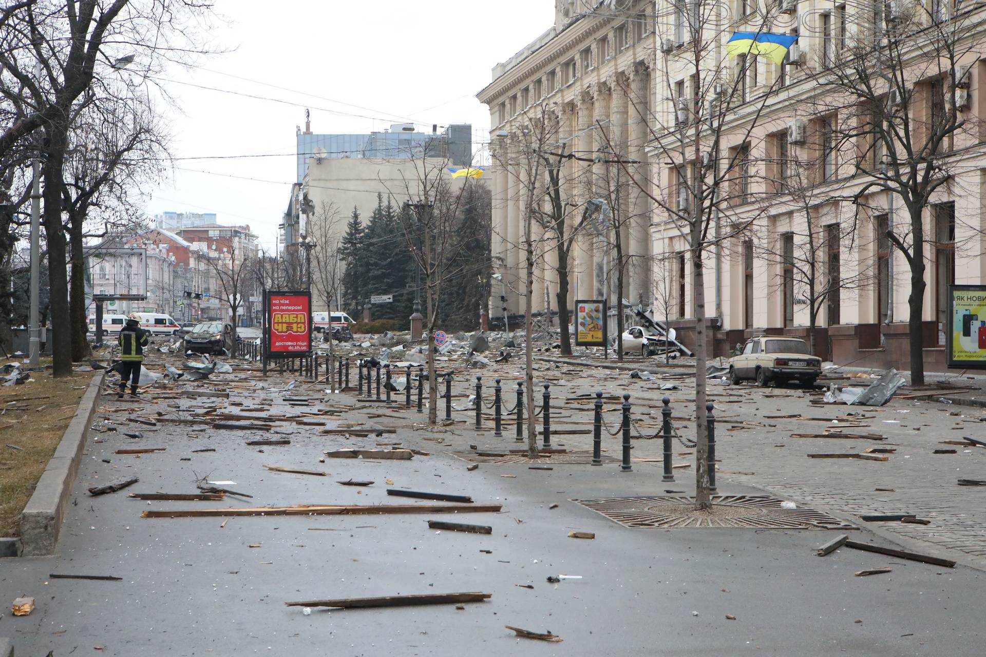 A view shows the area near the damaged regional administration building in Kharkiv