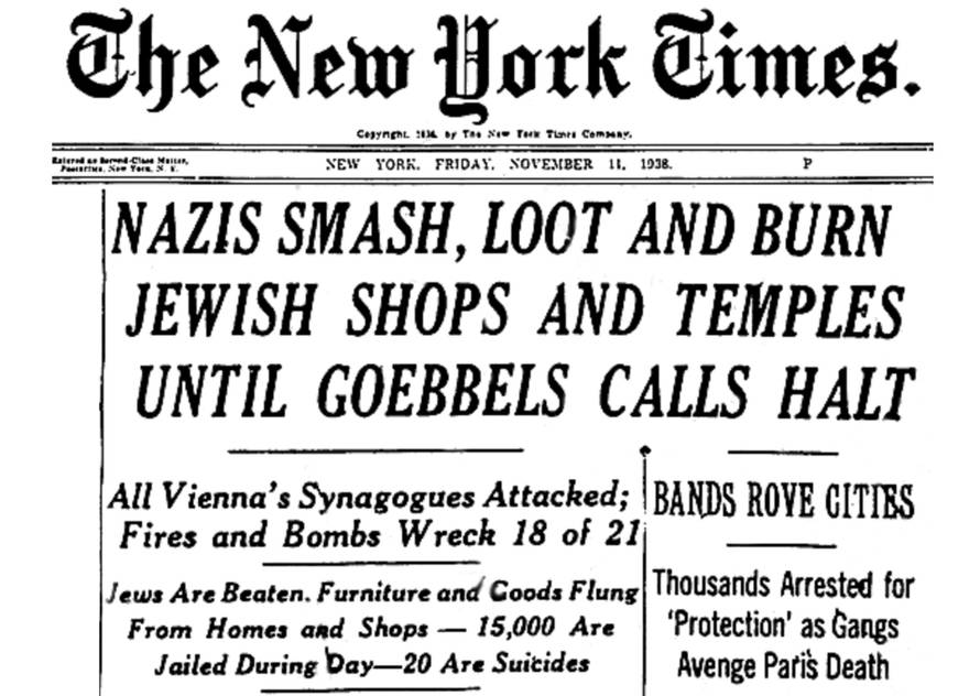 Germany / Austria: Headline in the New York Times after the anti-Jewish pogrom known as Kristallnacht, 11 November, 1938