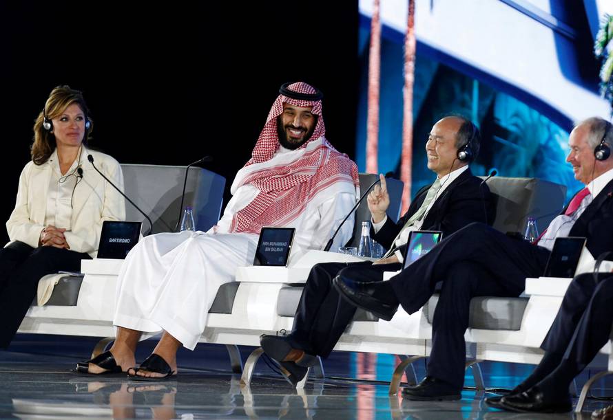 Saudi Crown Prince Mohammed bin Salman and Masayoshi Son, SoftBank Group Corp. Chairman and CEO, attend the Future Investment Initiative conference in Riyadh