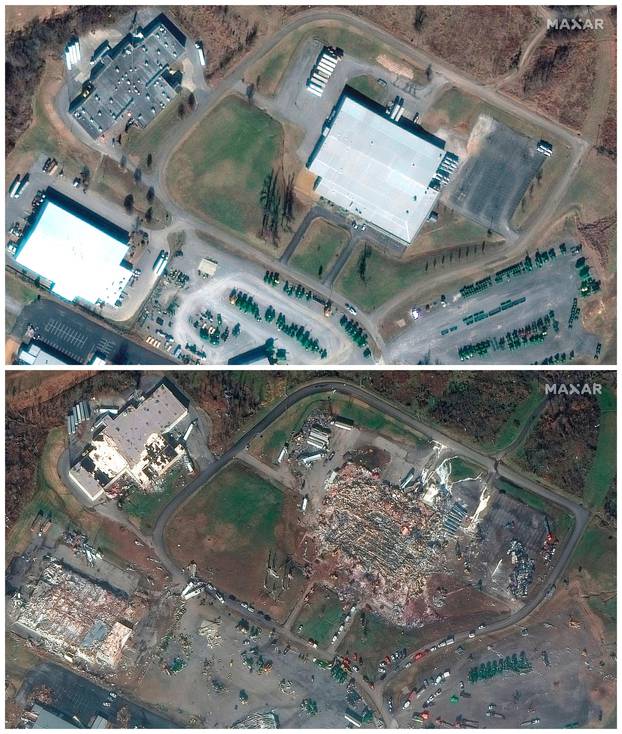 A combination of satellite images shows Mayfield Consumer Products candle factory and nearby buildings in Mayfield, Kentucky, U.S., before and after a devastating outbreak of tornadoes ripped through several U.S. states