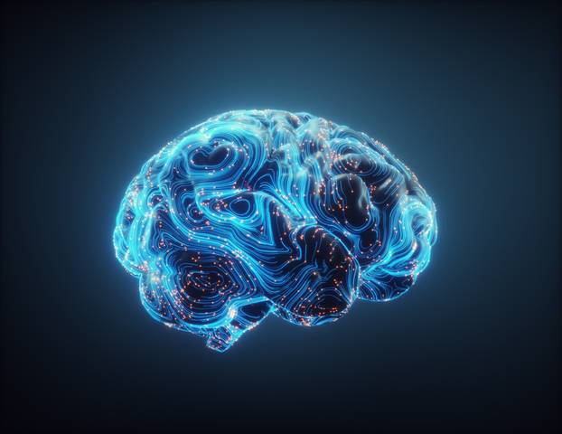 Abstract polygonal brain with glowing dots and lines,