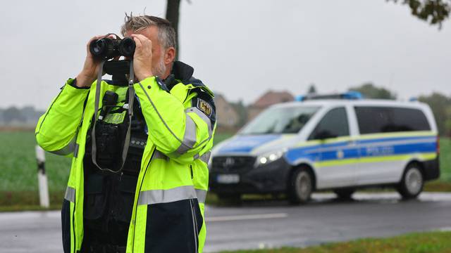 German federal police Bundespolizei officer is pictured during patrol along German-Polish border near Forst