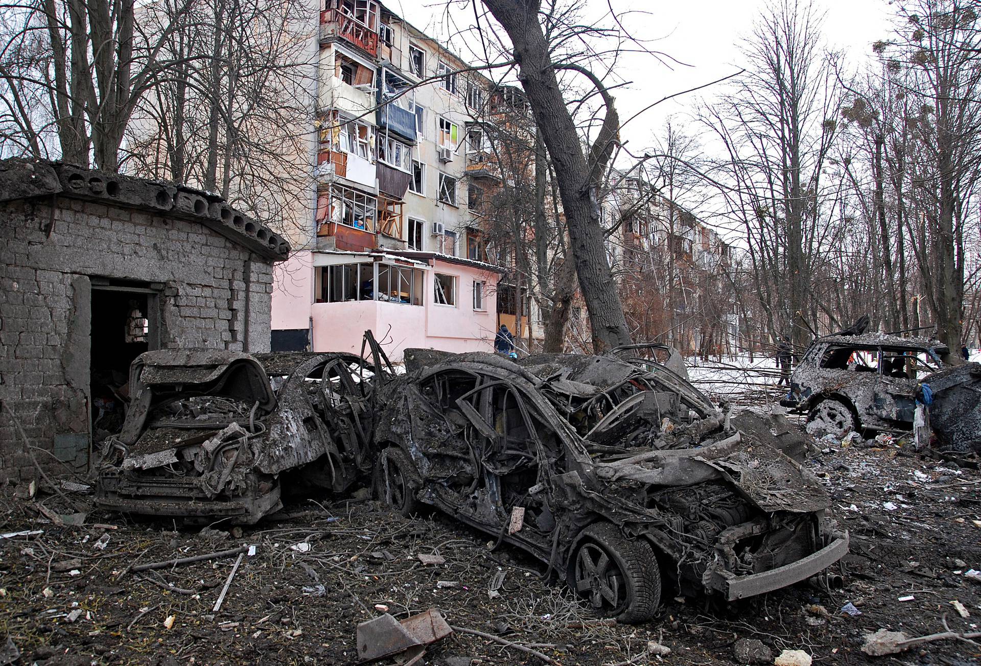 A view shows destroyed cars following recent shelling during Ukraine-Russia conflict in Kharkiv
