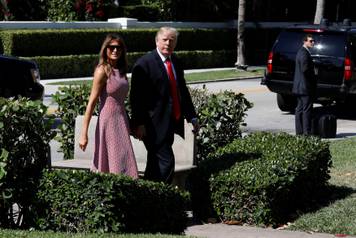 President Donald Trump and first lady Melania Trump arrive for the Easter service at Bethesda-by-the-Sea Episcopal Church in Palm Beach