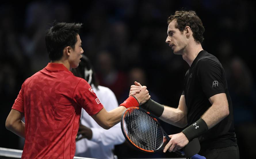 Great Britain's Andy Murray and Japan's Kei Nishikori shake hands after their round robin match