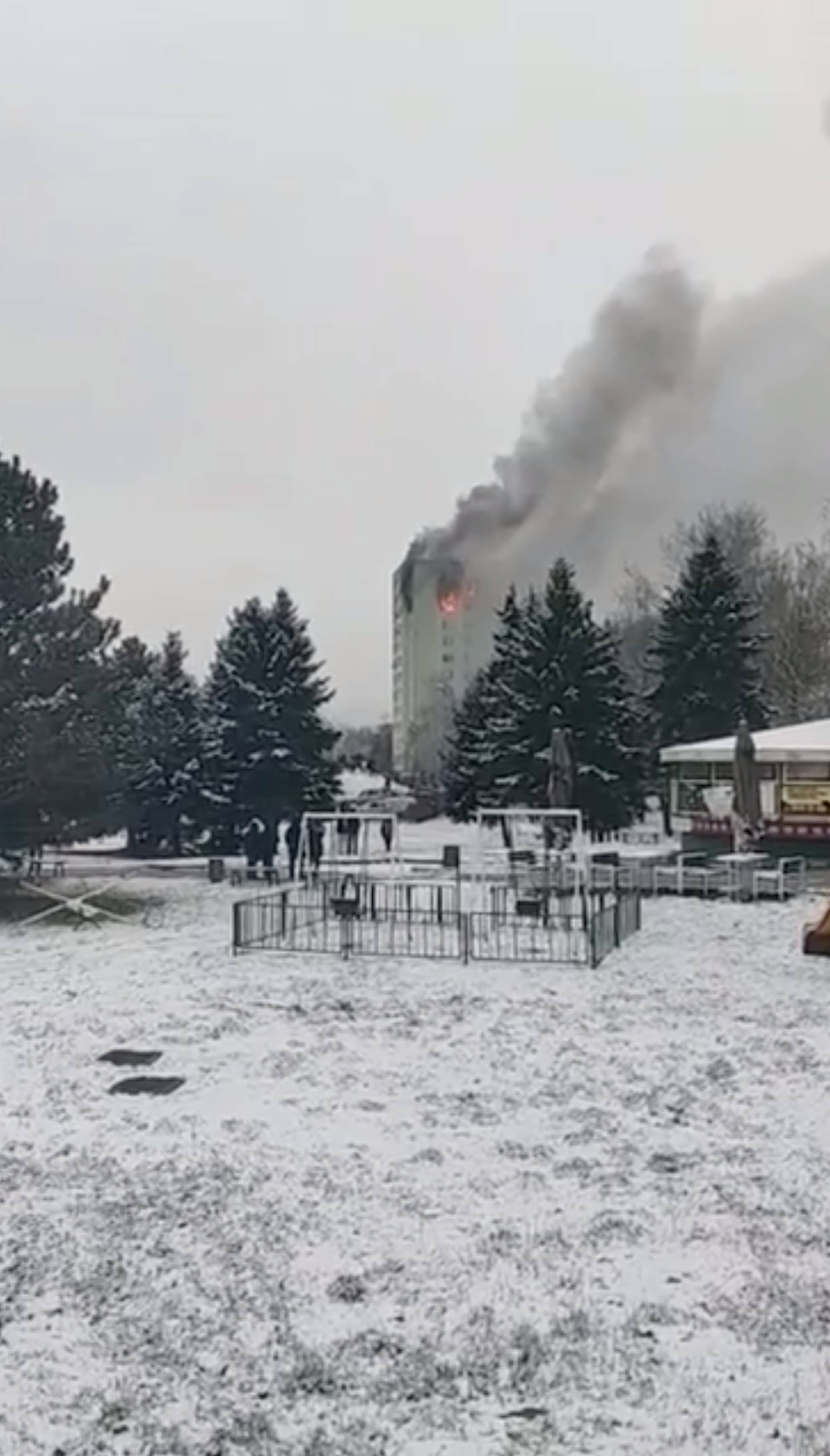 A burning building is seen in Presov, Slovakia