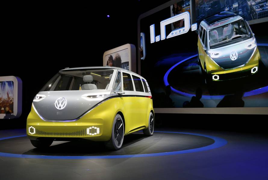 Volkswagen's electric I.D. Buzz concept vehicle is displayed during the North American International Auto Show in Detroit