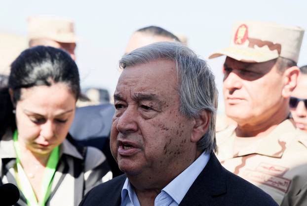 FILE PHOTO: UN Secretary-General Antonio Guterres speaks to the media, after visiting the Rafah border crossing between Egypt and the Gaza Strip, at Al Arish Airport