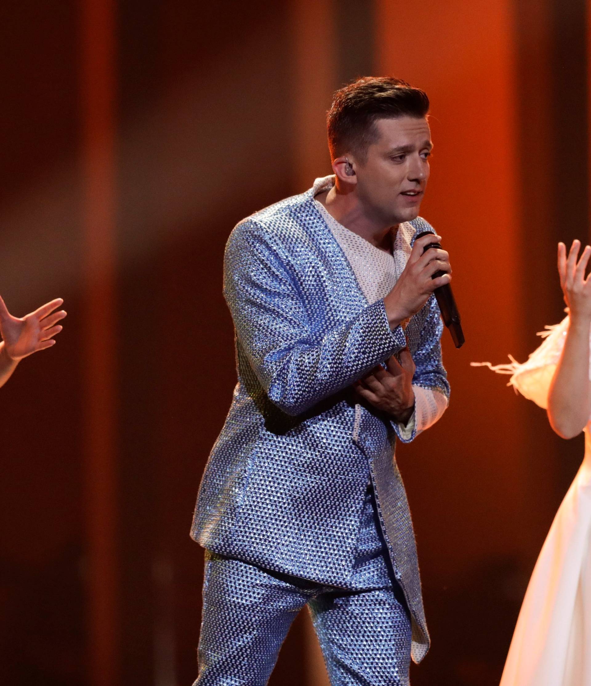 Montenegro's Vanja Radovanovic performs âInjeâ during the dress rehearsal of Semi-Final 2 for Eurovision Song Contest 2018 at the Altice Arena hall in Lisbon