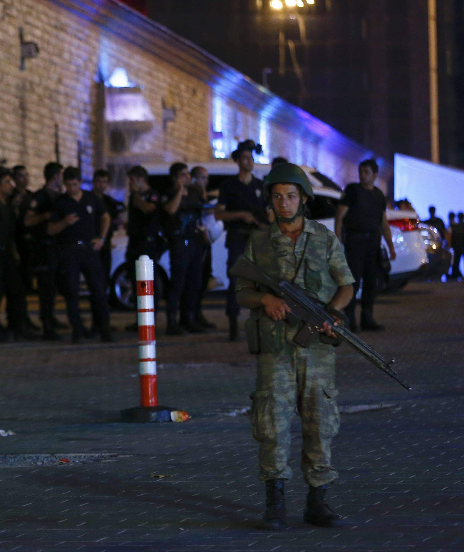 Turkish military stand guard near the the Taksim Square in Istanbul
