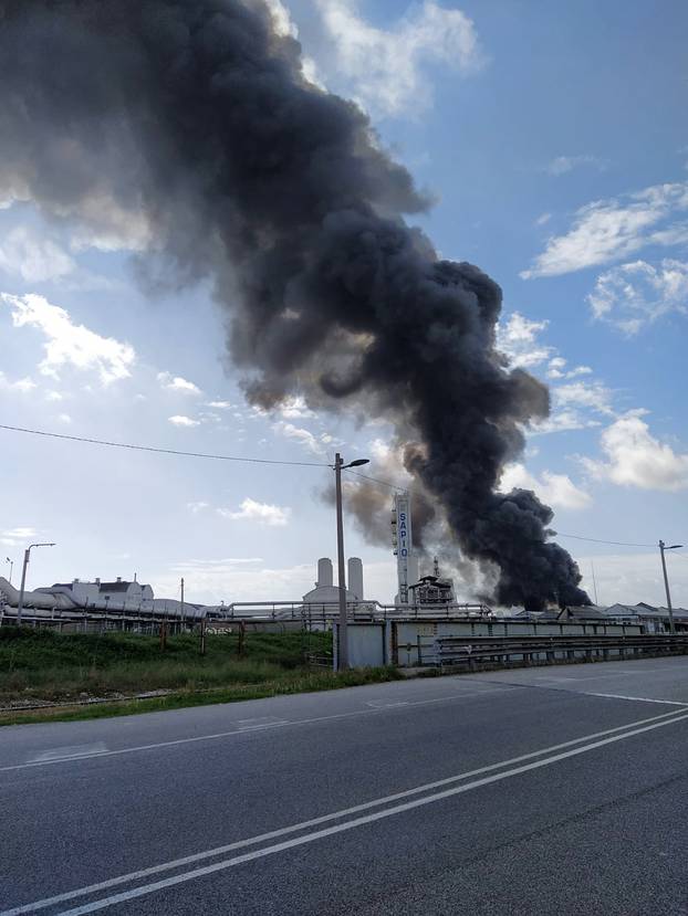 Venice - Marghera - Italy Porto Marghera, vast fire in the acetone plant. Black cloud and chemical alarm.