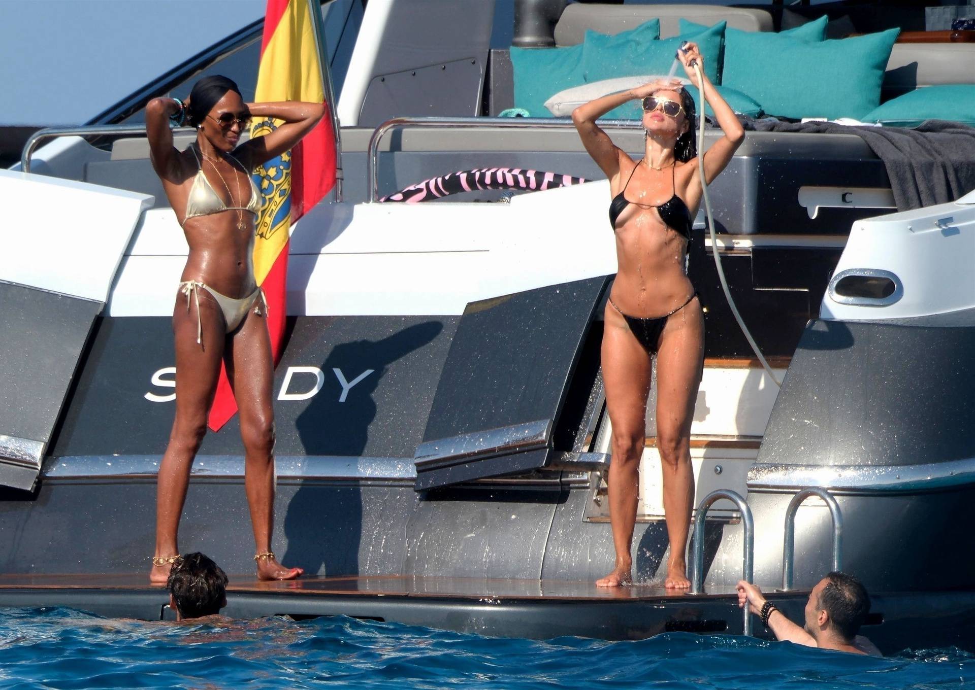 *EXCLUSIVE* *WEB MUST CALL FOR PRICING* - 54-year-old English supermodel Naomi Campbell looks in spectacular shape while celebrating actress Michelle Rodriguez's 46th birthday on a Luxury yacht in Ibiza alongside Mexican actress Eiza Gonzalez and Saudi fi