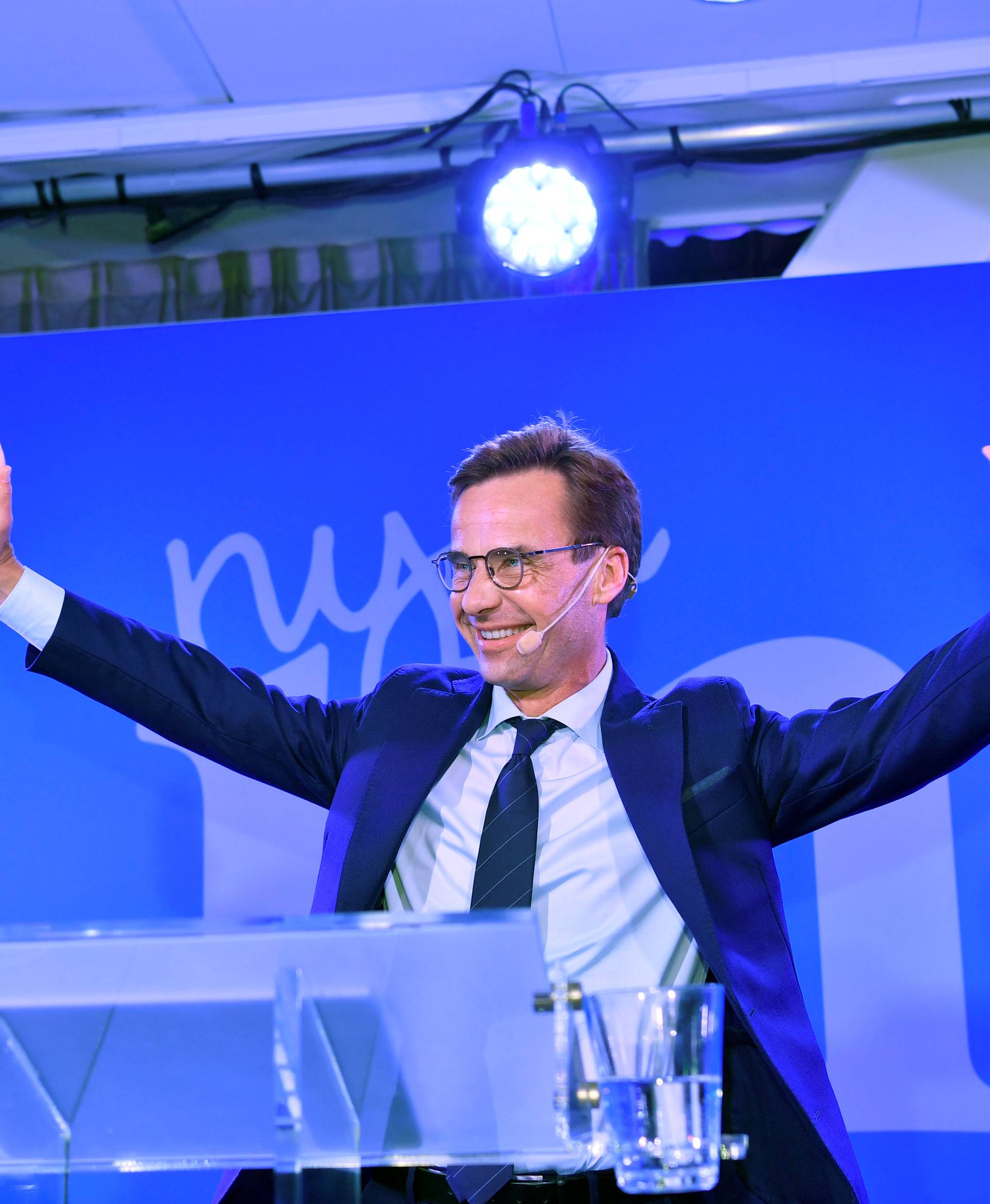 Ulf Kristersson, leader of Sweden's Moderate Party, speaks at an election party at the Scandic Continental hotel in central Stockholm