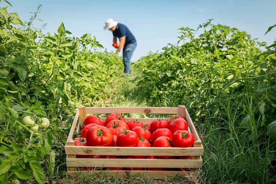 Farmer,Picking,Fresh,Tomatoes,In,A,Wooden,Crate.,The,Farmer
