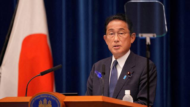 FILE PHOTO: Japan's Prime Minister Fumio Kishida delivers a speech at his official residence in Tokyo