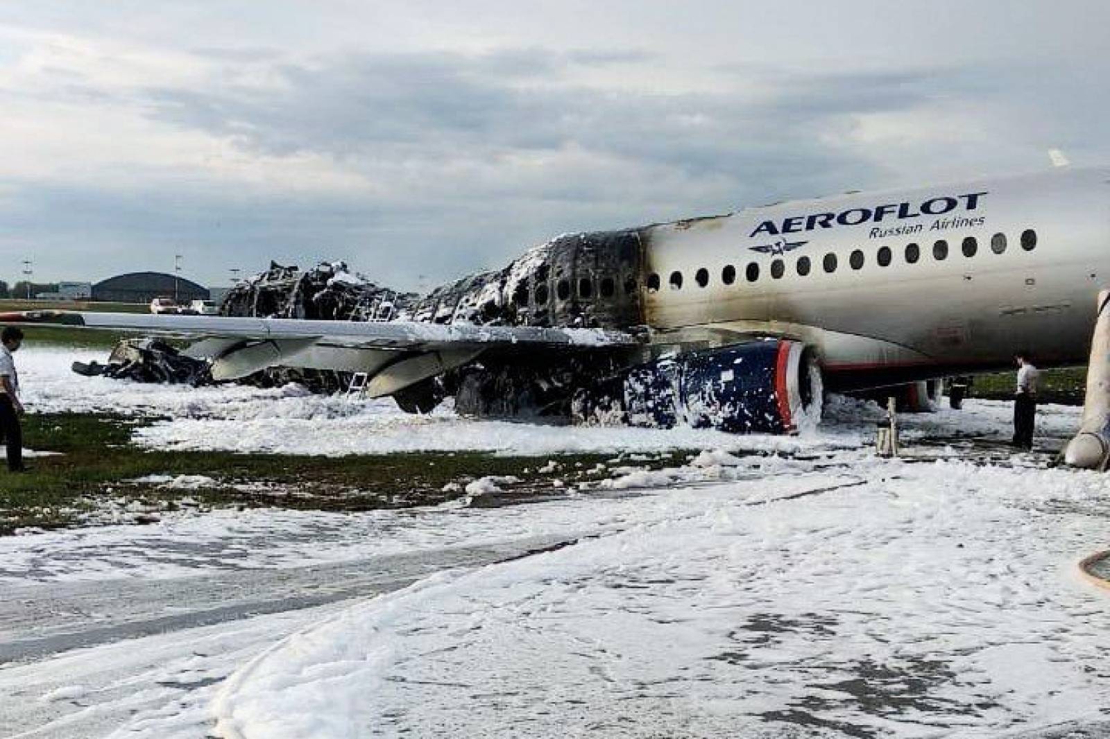 A view shows a damaged Aeroflot Sukhoi Superjet 100 passenger plane after an emergency landing at Moscow's Sheremetyevo airport