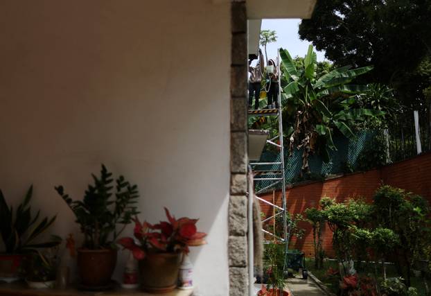 Bee rescuers Clarence Chua and Justus Teo vacuum stray bees after removing a bee nest from the roof of a house in Singapore