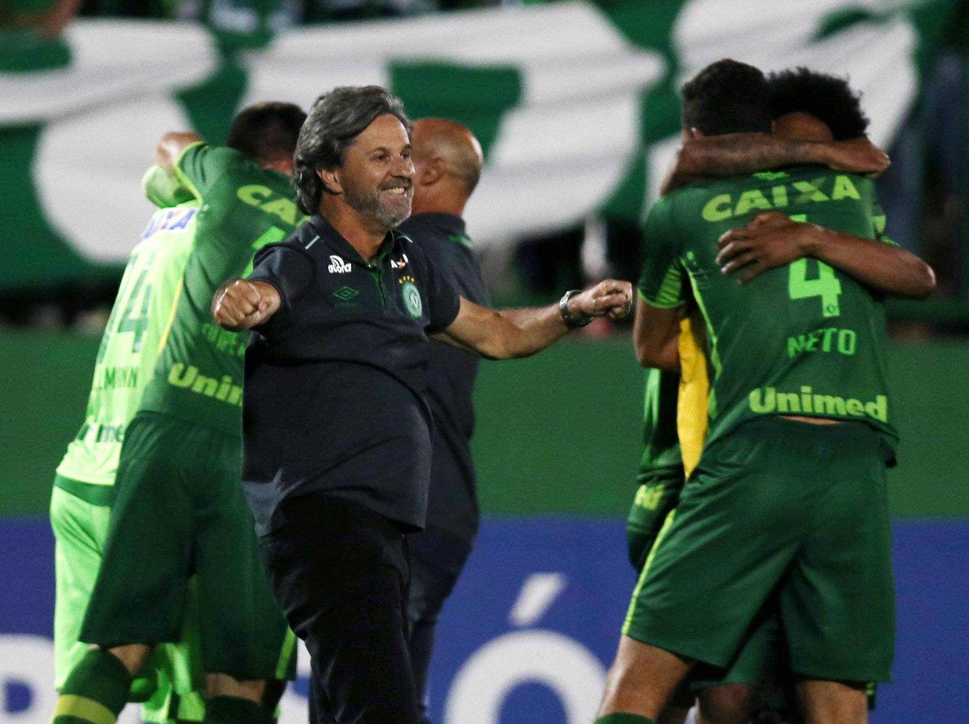 File picture of head coach Caio Junior of Chapecoense celebrating with his players after their match against San Lorenzo  in the Copa Sudamericana at the Arena Conda stadium in Chapeco
