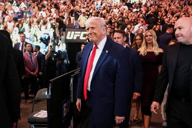 U.S. President Donald Trump attends the UFC 327 event at Kaseya Center in Miami