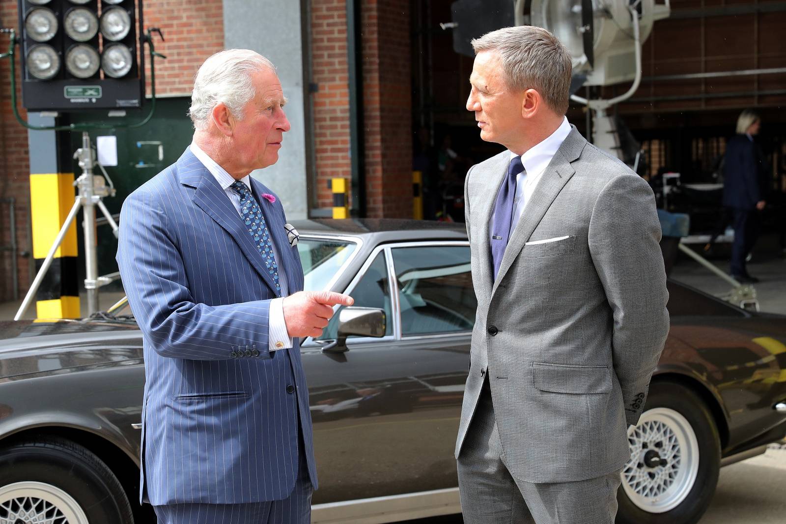 Britain's Prince Charles visits the set of James Bond at Pinewood Studios