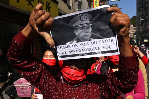 Members of the Burmese community in Taipei protest against the Myanmar military coup in Little Burma, home to many of Taiwan