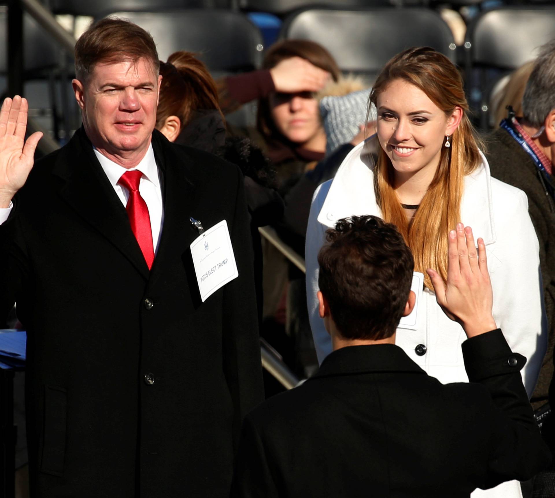 Stand-ins for President-elect Donald Trump and his wife Melania rehearse the swearing-in ceremony portion of the inauguration at the U.S. Capitol in Washington