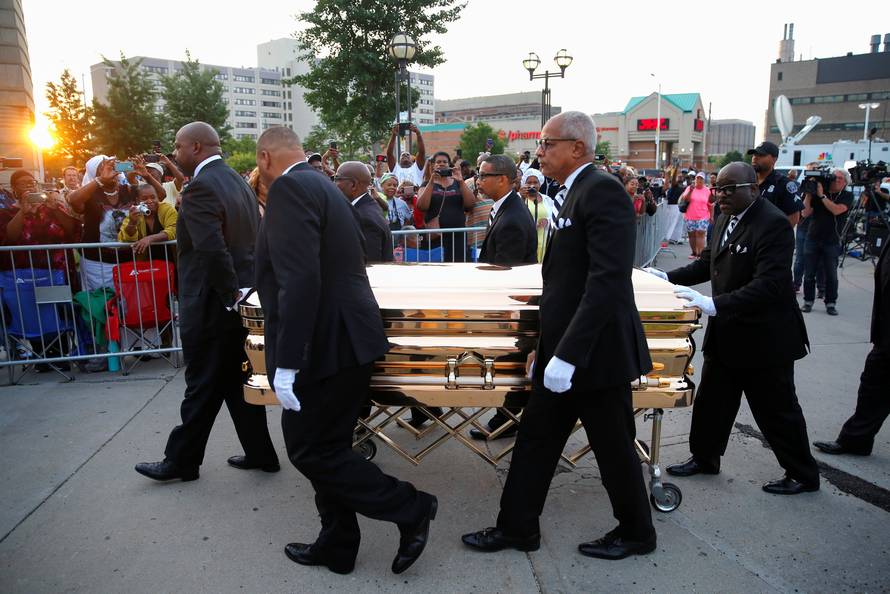 The casket carrying the late singer Aretha Franklin arrives at the Charles H. Wright Museum of African-American History where she will lie in state for two days of public viewing, in Detroit