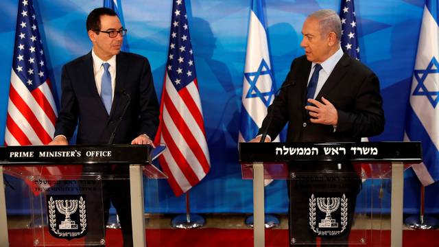 Israeli Prime Minister Benjamin Netanyahu and U.S. Treasury Secretary Steven Mnuchin deliver joint statements during their meeting in Jerusalem