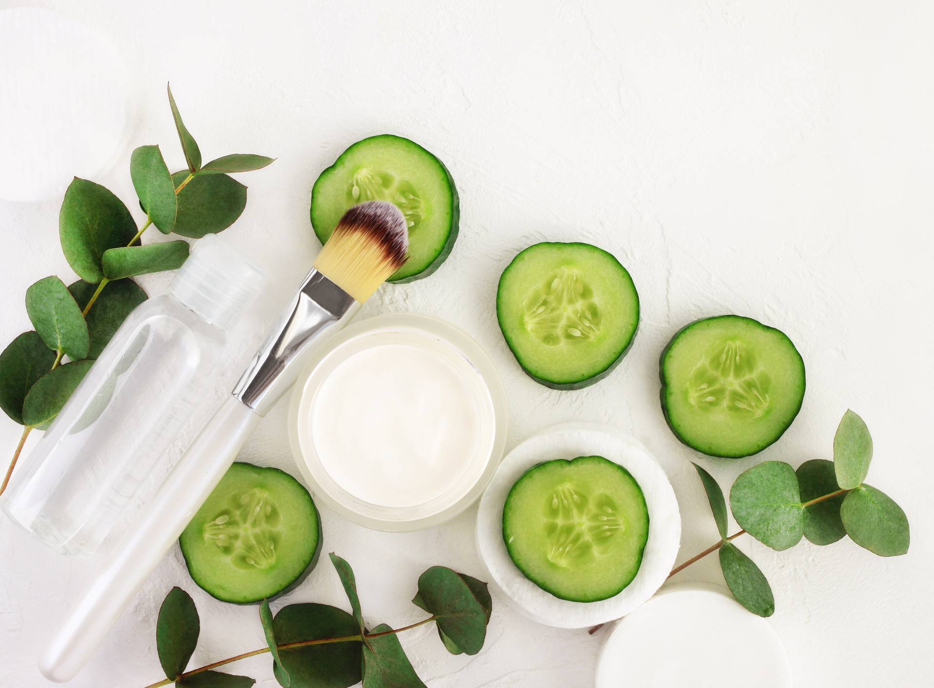 Cucumber slices, cosmetic cream jar and tonic mineral water in bottle, fresh green eucalyptus leaves, viewed above white background.