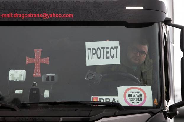 Protest by truck drivers and transport union representatives over disruptions linked to the European Union's new Entry-Exit System, in Gevgelija
