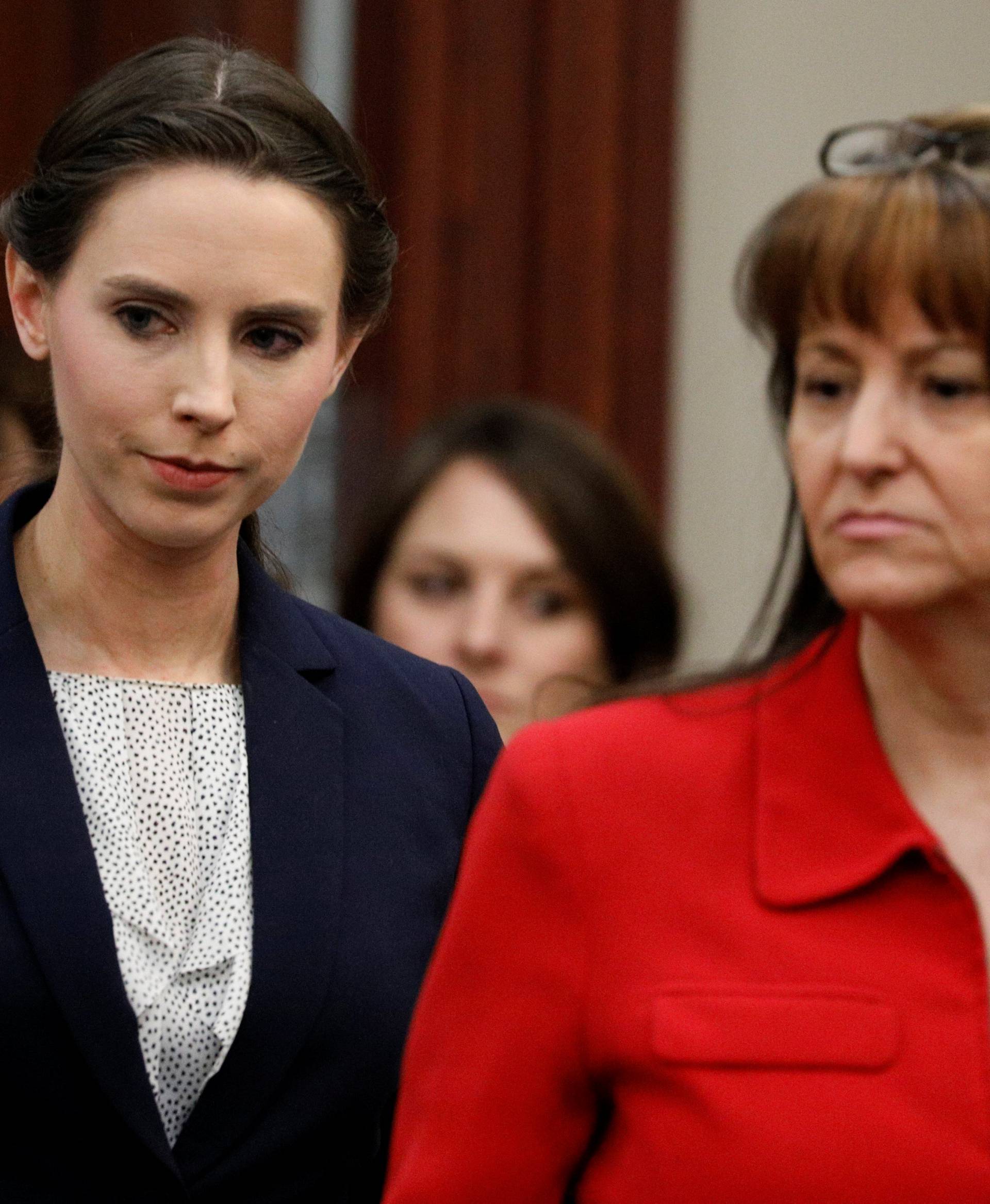 Victim Rachael Denhollander arrives at the sentencing hearing for Larry Nassar, a former team USA Gymnastics doctor who pleaded guilty in November 2017 to sexual assault charges, in Lansing