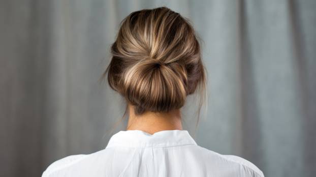 Rear view of young woman elegant bun hairstyle, grey background,