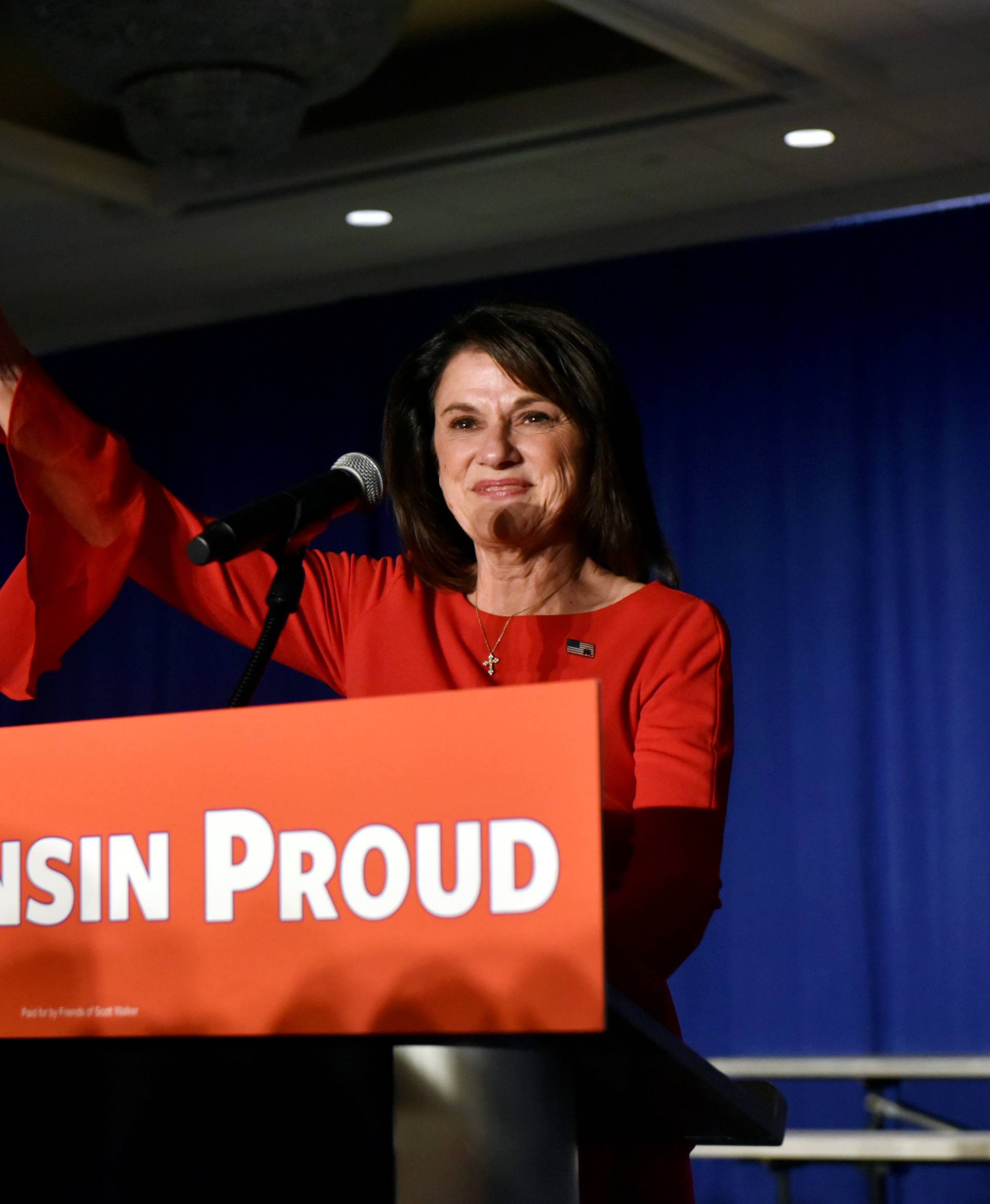 Republican candidate for U.S. Senate Leah Vukmir gives supporters a thumbs-up after conceding to U.S. Senator Tammy Baldwin at a mid-term election night party in Pewaukee, Wisconsin