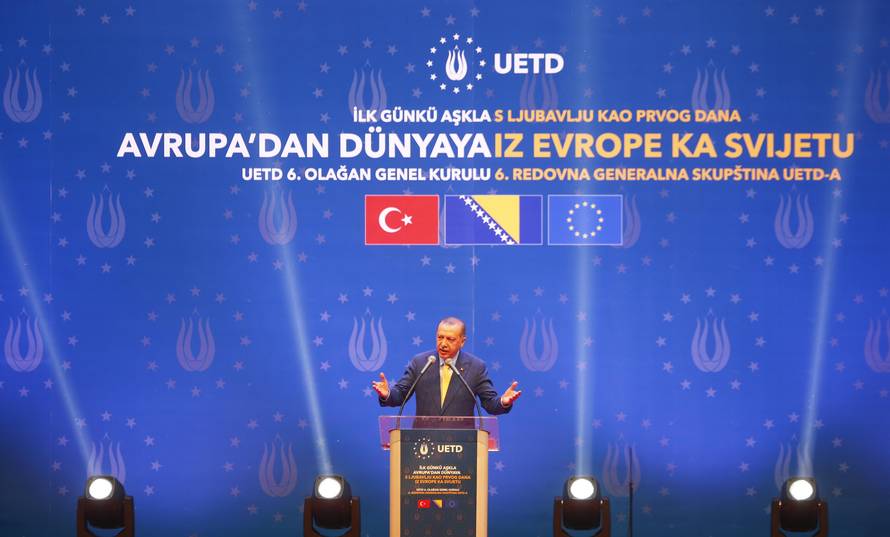 Turkish President Tayyip Erdogan attends a pre-election rally in Sarajevo