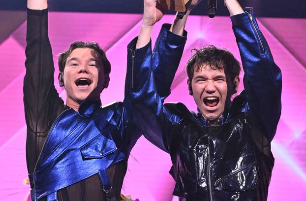 Marcus and Martinus celebrate winning the final of 'Melodifestivalen' at Friends Arena in Solna, Stockholm