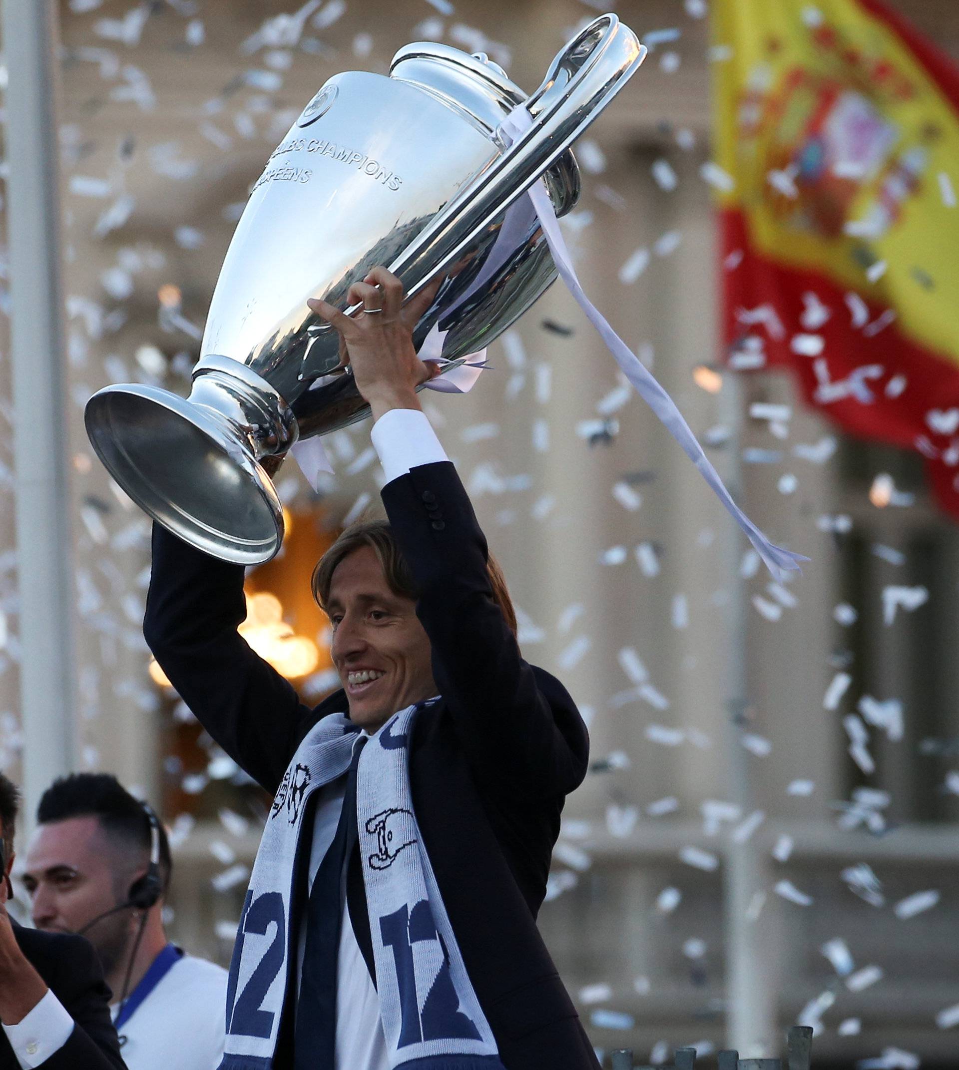 Real Madrid's Modric celebrates Champions League title at Cibeles Fountain in Madrid