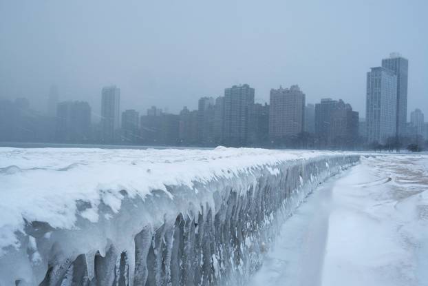 Icicles form on the walkway at North Avenue Beach of Lake Michigan in Chicago
