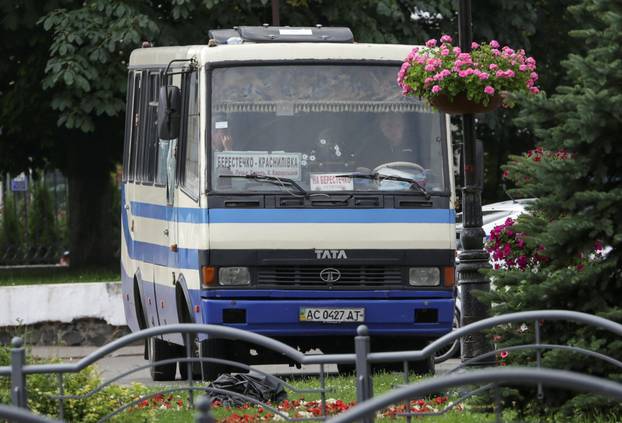 A view shows a passenger bus seized by an unidentified person in Lutsk